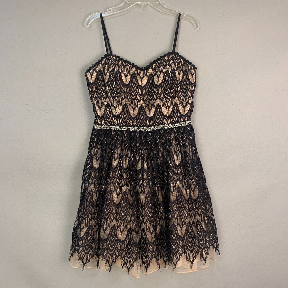Jodi Kristopher Black Lace Nude Lined Fit Flare Dress Rhinestone Waist Size 9